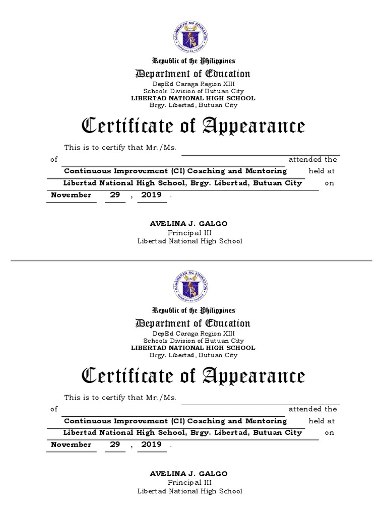 School Certificate of Appearance (DO 21 S. 21)  PDF For Certificate Of Appearance Template