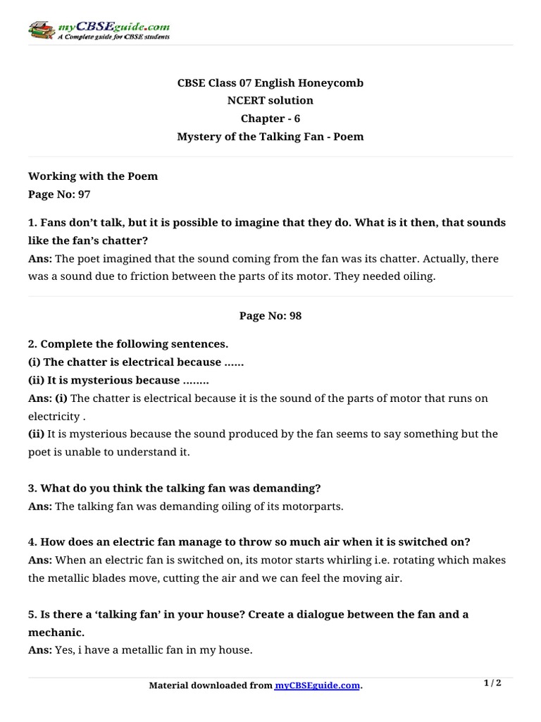 07 English Ncert Poem CH 06 Mystery of The Talking Fan Ques PDF