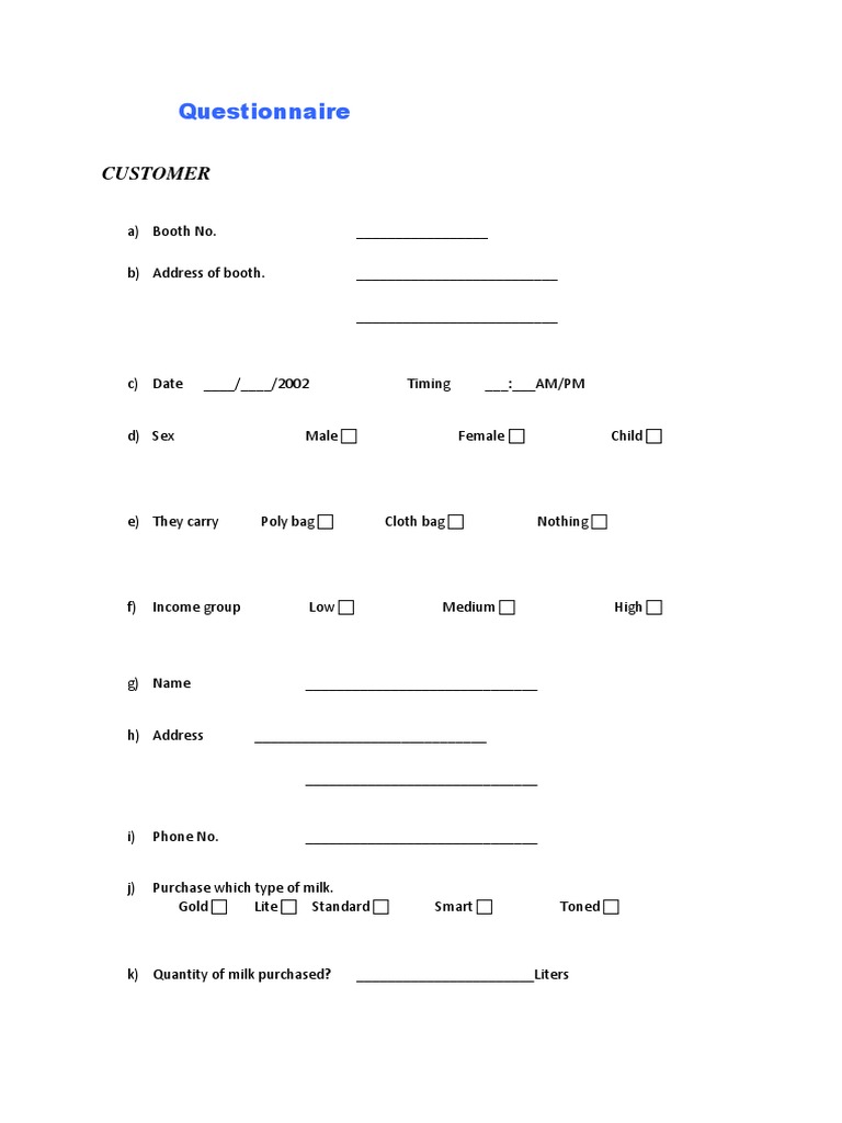 Questionnaire PDF Milk Dairy