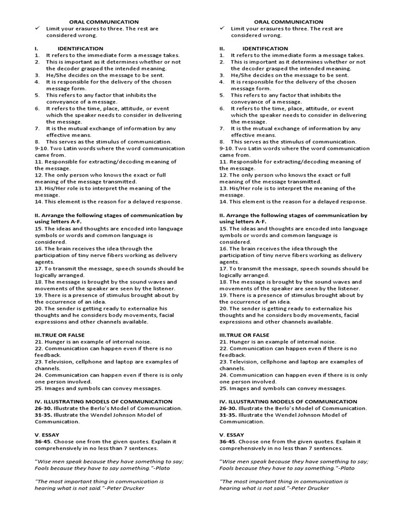 Oral Communication Quiz PDF Communication Human Communication