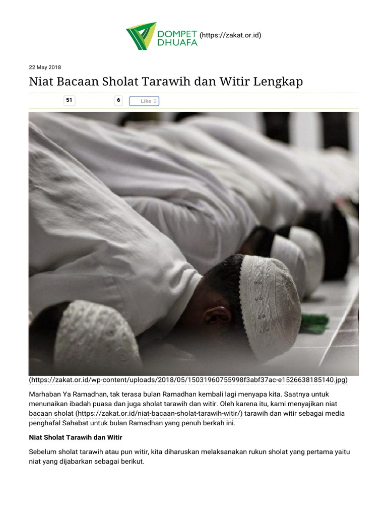 Niat Bacaan Sholat Tarawih Dan Witir Lengkap Lembaga Amil Zakat Dompet Dhuafa Pdf