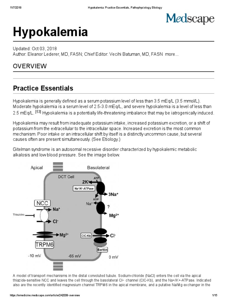 Hypokalemia - Practice Essentials, Pathophysiology, Etiology | PDF ...
