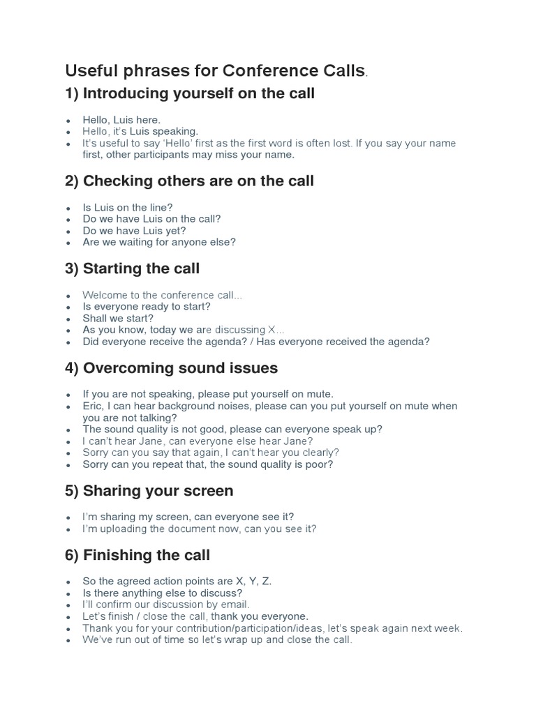 Essential Phrases for Conference Calls | PDF | English Language ...