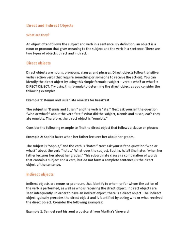 Direct and Indirect Objects Explanation | PDF | Subject (Grammar ...