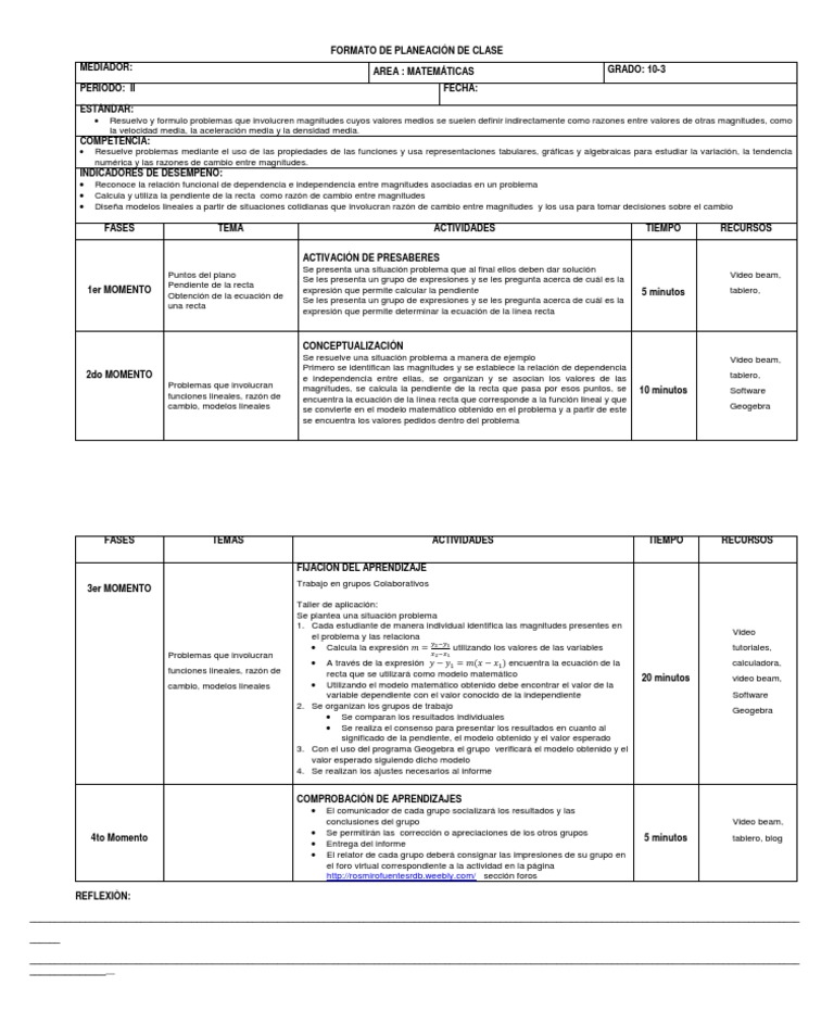 Plan de Clase Matemática 10° | PDF | Pendiente | Función (Matemáticas)