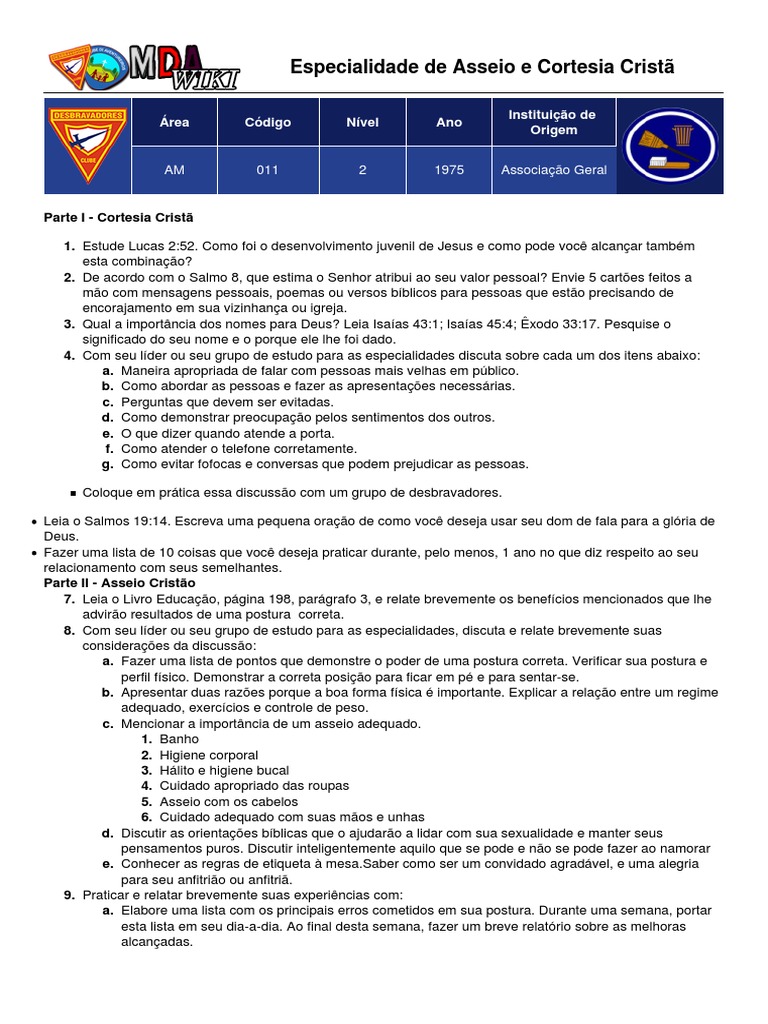 Especialidade de Asseio e Cortesia Cristã | Download grátis PDF ...