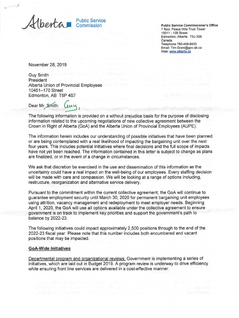Letter from Alberta Public Service Commission to AUPE