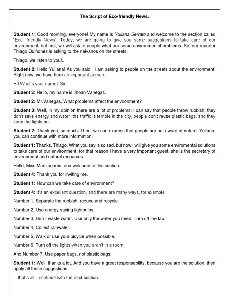 Eco-Friendly News Skit Script | PDF | Home & Garden | Wellness