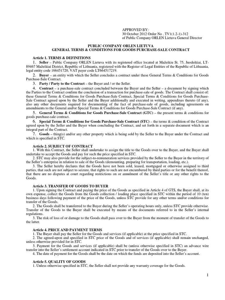 General Terms Conditions For Goods Purchase-Sale Contract | PDF 