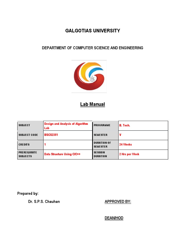 Design and Analysis of Algorithm Lab (BSCS2351) Lab Manual | PDF ...