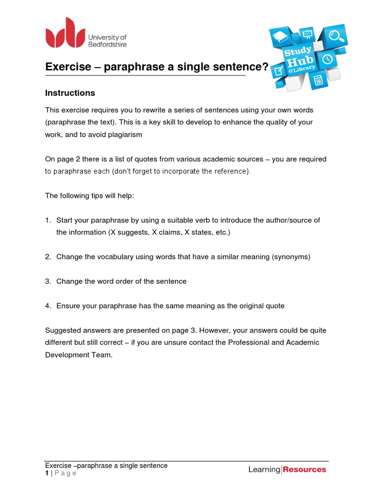 Academic Writing Paraphrase A Single Sentence Exercise Pdf Pdf Lecture University