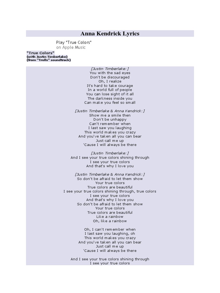 True Colours Lyrics PDF Justin Timberlake