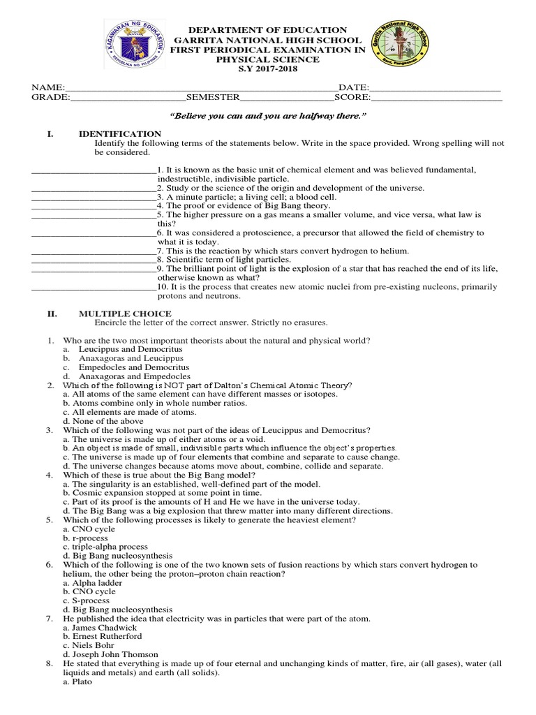 Grade 12 Physical Science 1st Quarter Exam | PDF | Atoms | Universe