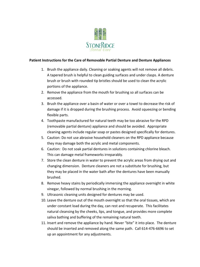 Patient Instructions For The Care of Removable Partial Denture and