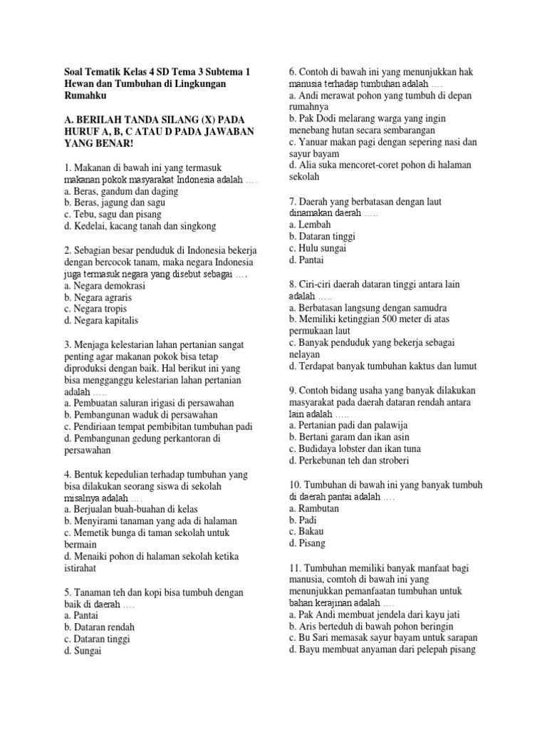 Soal Tematik Kelas 4 SD | PDF