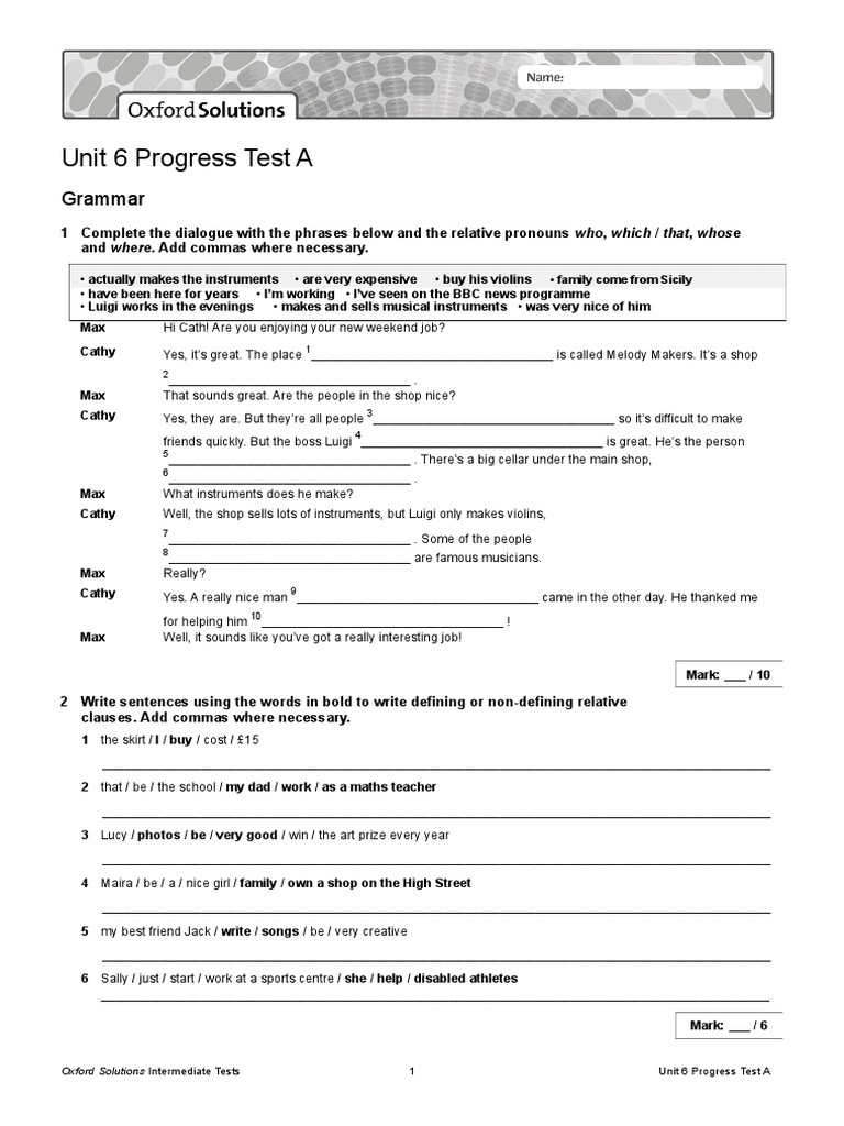 Unit 6 Progress Test A Answers | PDF | Linguistics | Syntax