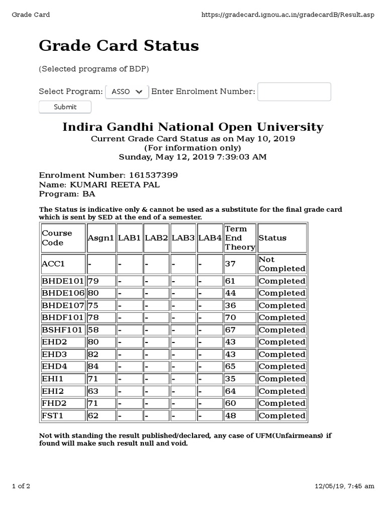 IGNOU BA Grade Card Status Sample | PDF