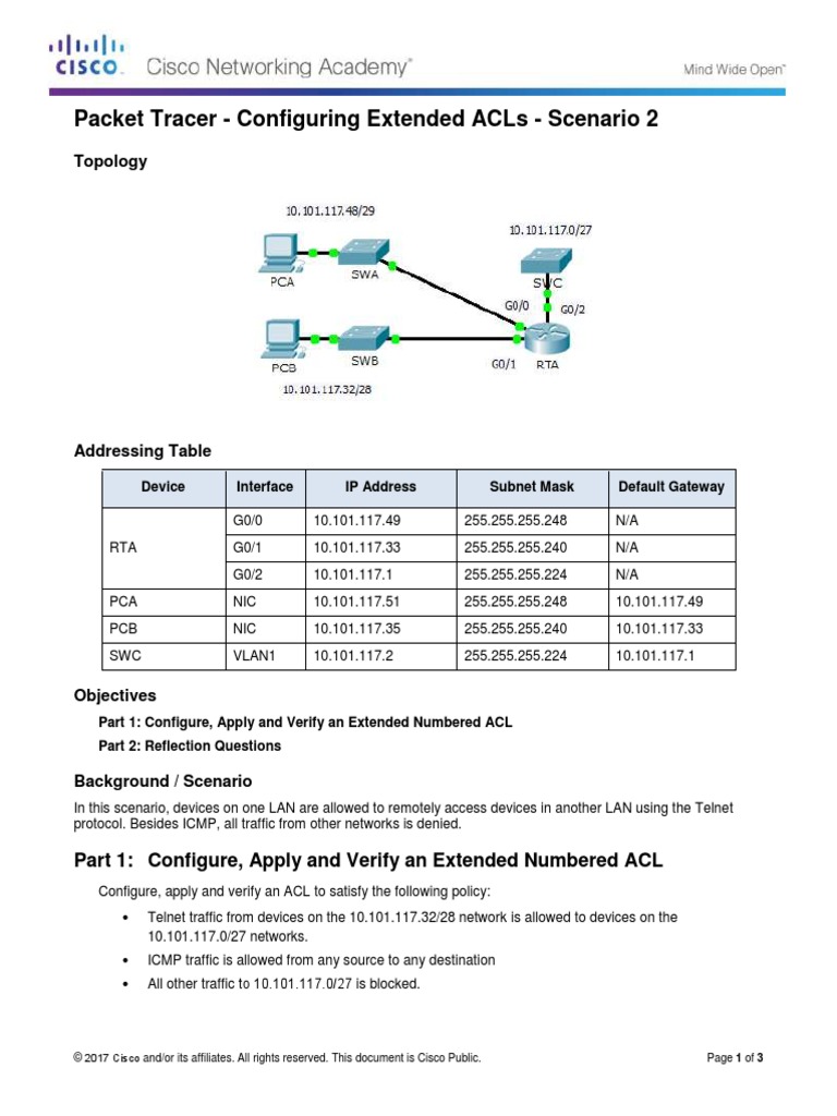 4.2.2.11 Packet Tracer - Configuring Extended ACLs Scenario 2 PDF | PDF ...