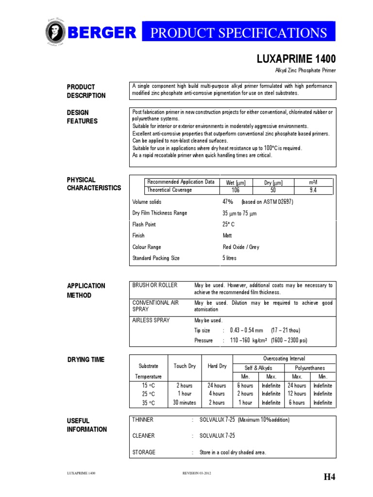 Specifications for Luxaprime 1400 Alkyd Zinc Phosphate Primer A High