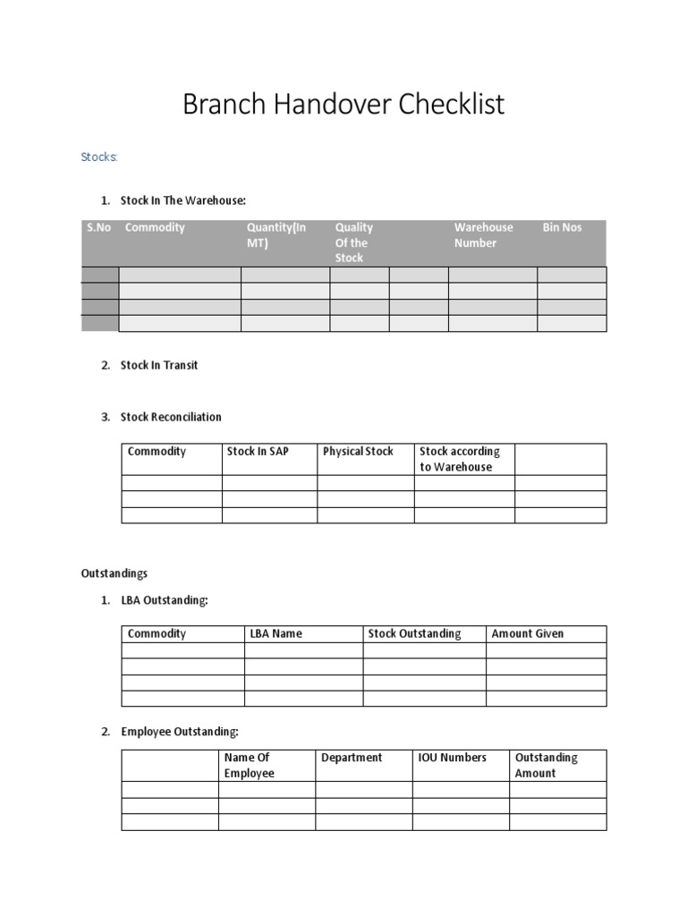 Branch Handover Checklist Template | PDF | Commodity | Logistics