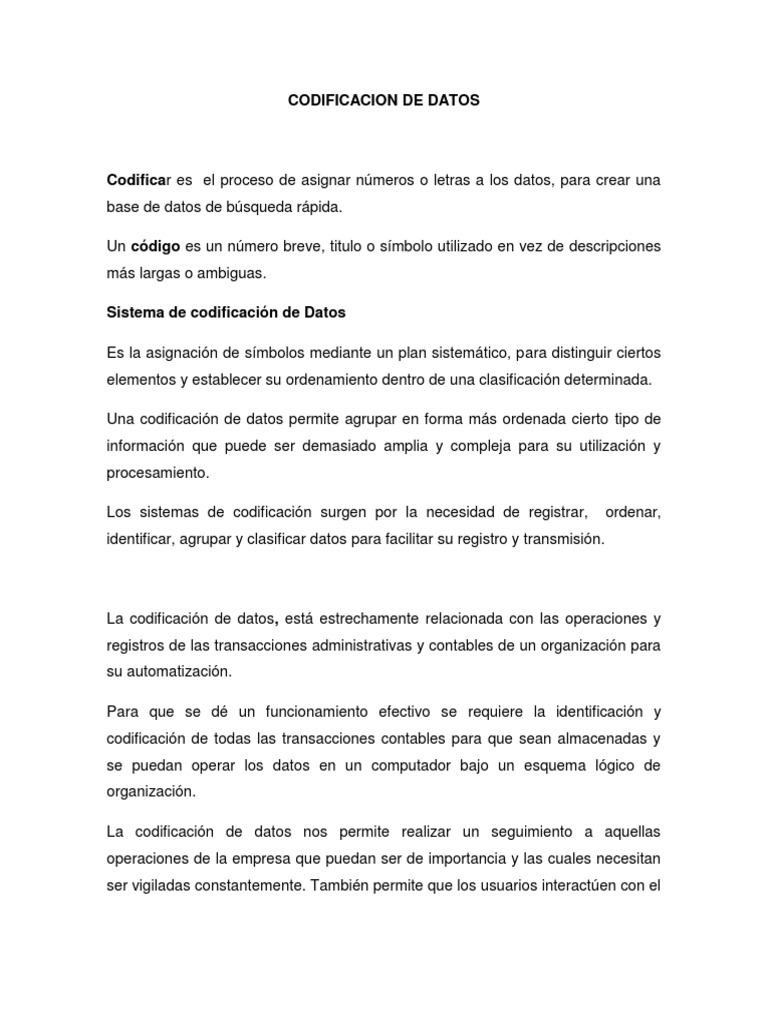 Proceso y Métodos de Codificación de Datos | PDF | Contabilidad ...