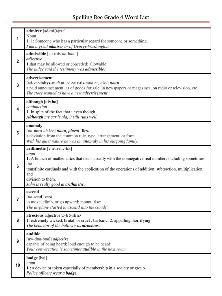 Grade 4 Spelling Bee Word List | PDF | Marshmallow | Blouse