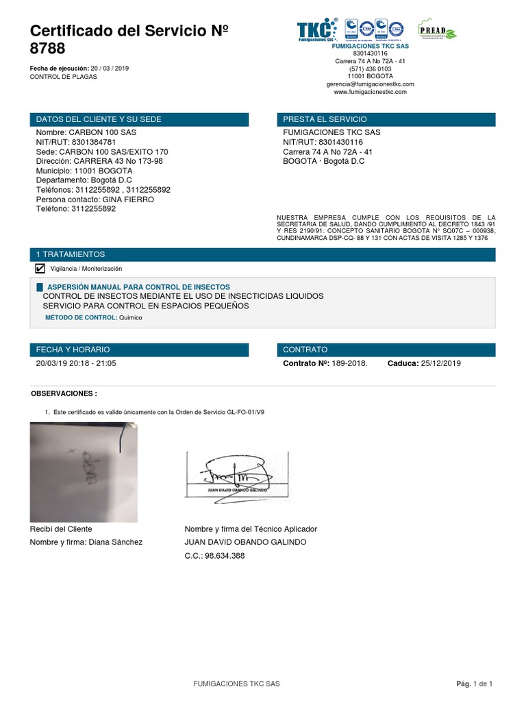 Certificado de Fumigacion 20.03 #8788  PDF  Bienestar  Medicina