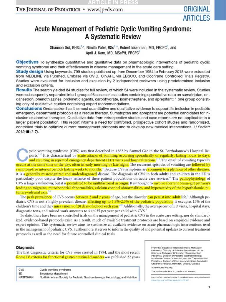 Acute Management of Pediatric Cyclic Vomiting Syndrome A Systematic