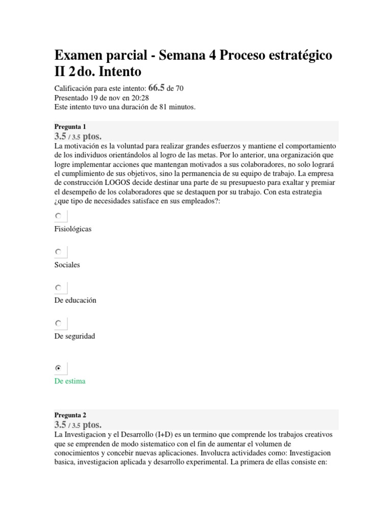 Examen Parcial - Semana 4 Proceso Estratégico II 2do. Intento | PDF ...