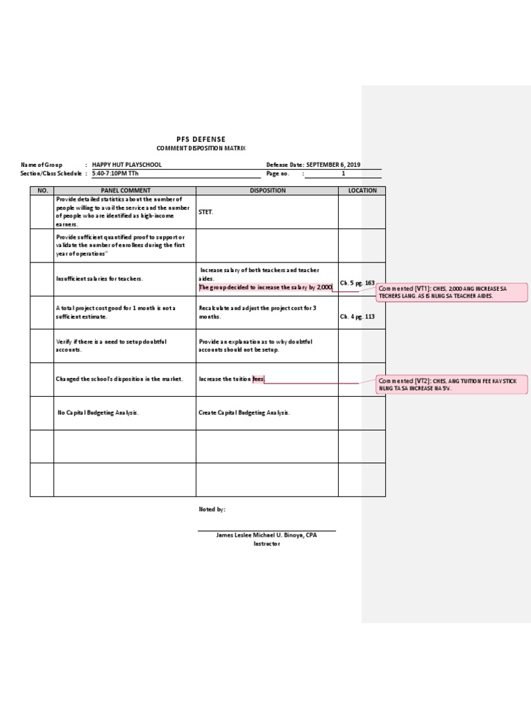 PFS Defense Comment Disposition Matrix | PDF | Economies | Business