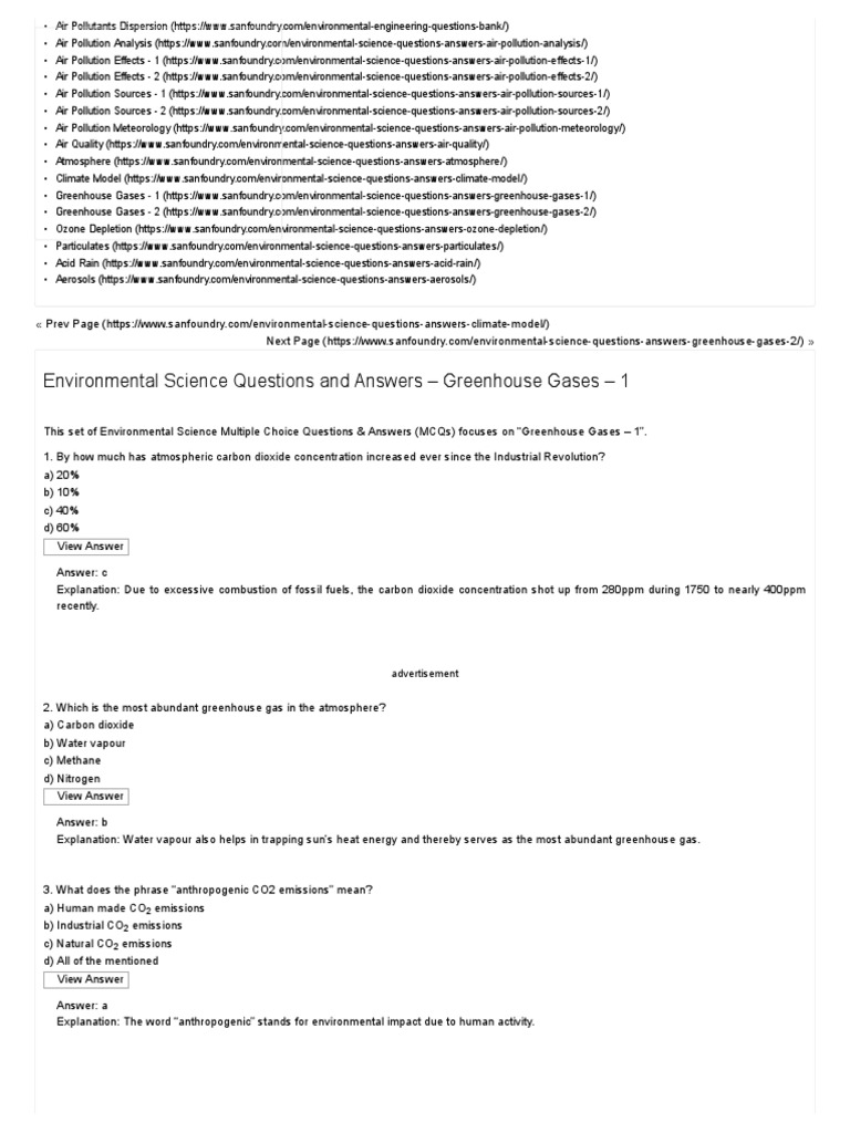 Greenhouse Gases Environmental Science Questions and Answers
