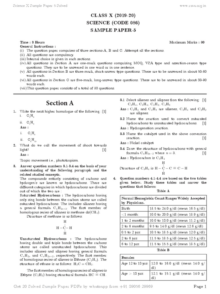 Class 10 Science Sample Paper 5 Solved | PDF | Oxide | Hydrocarbons