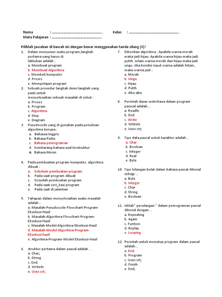 Soal dan Kunci Jawaban Pemrograman Pascal | PDF | Metode & Bahan Ajar ...