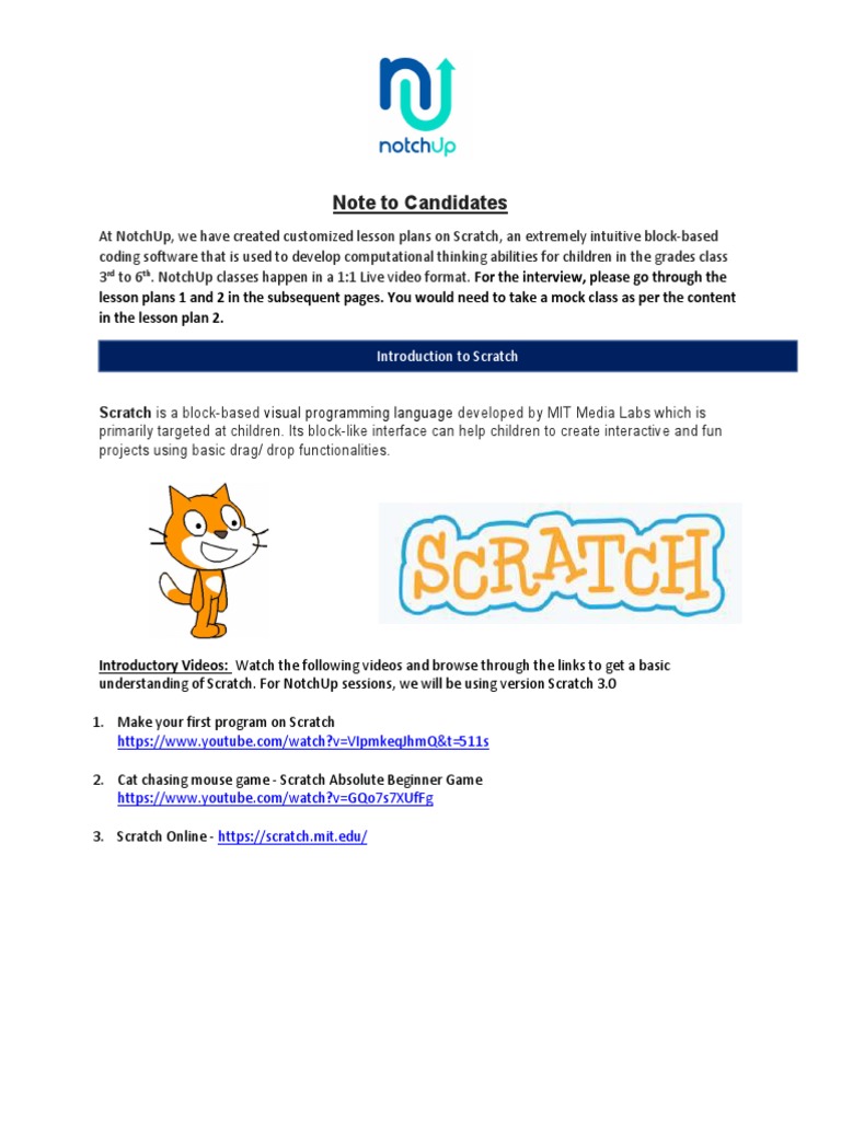 Notchup Lesson Plan For Video Interview Scratch Programming Language Software
