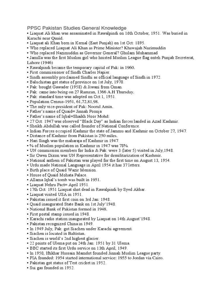 Ppsc Pakistan Studies General Knowledge Pdf Carbon Rock Geology