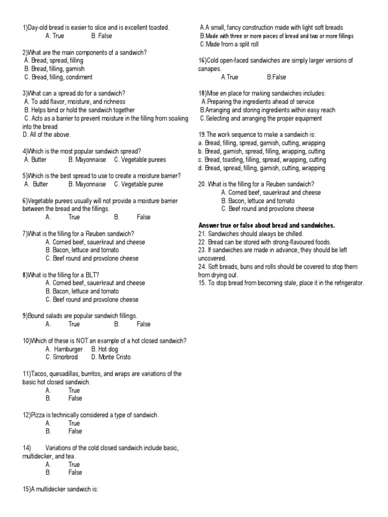 Review Questions On Sandwiches Edited 2019 PDF Sandwich Fast Food