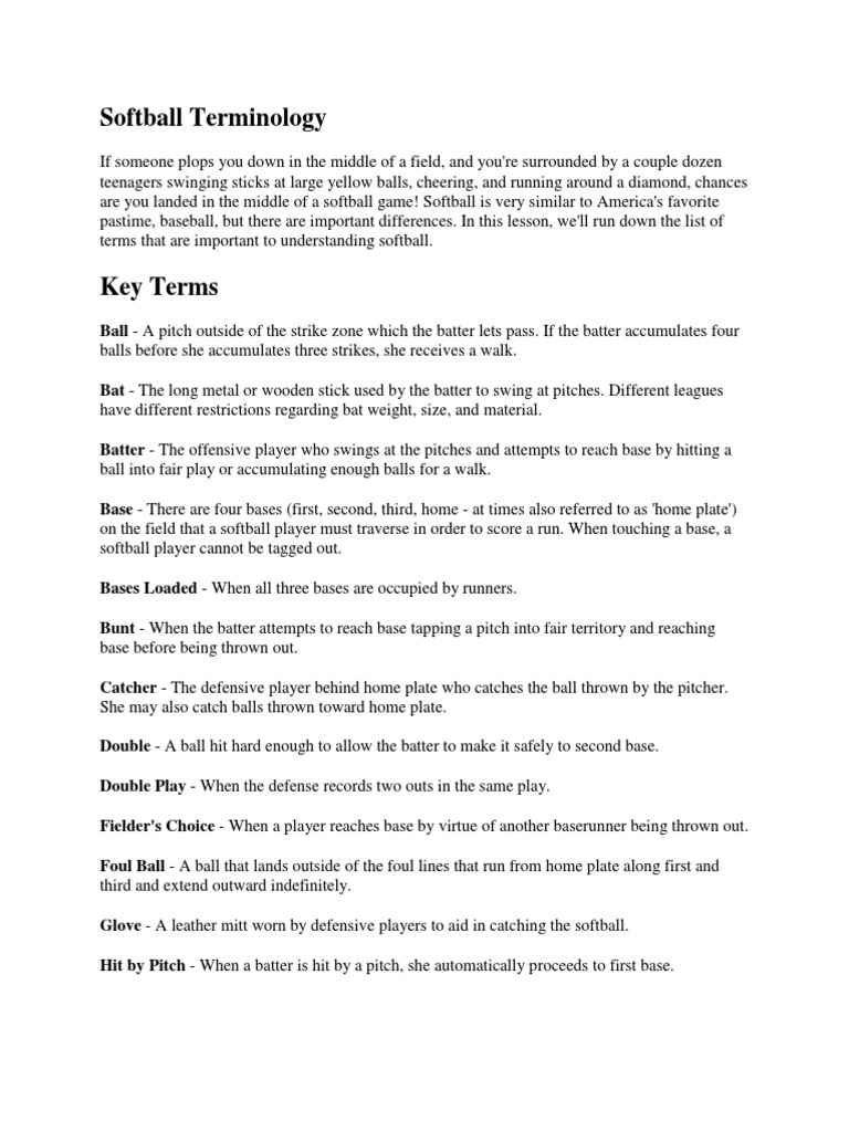 Softball Terminologies PDF Baseball Field Softball