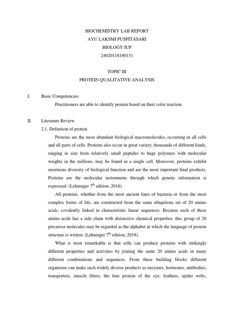Biochemistry Lab Report Protein Qualitative Analysis PDF Biomolecular Structure