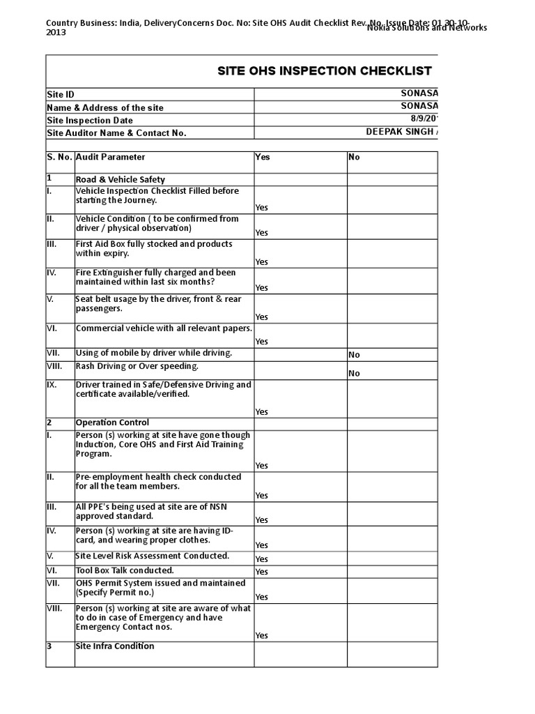 Site OHS Inspection Checklist - SONASAR - A | PDF | Occupational Safety ...