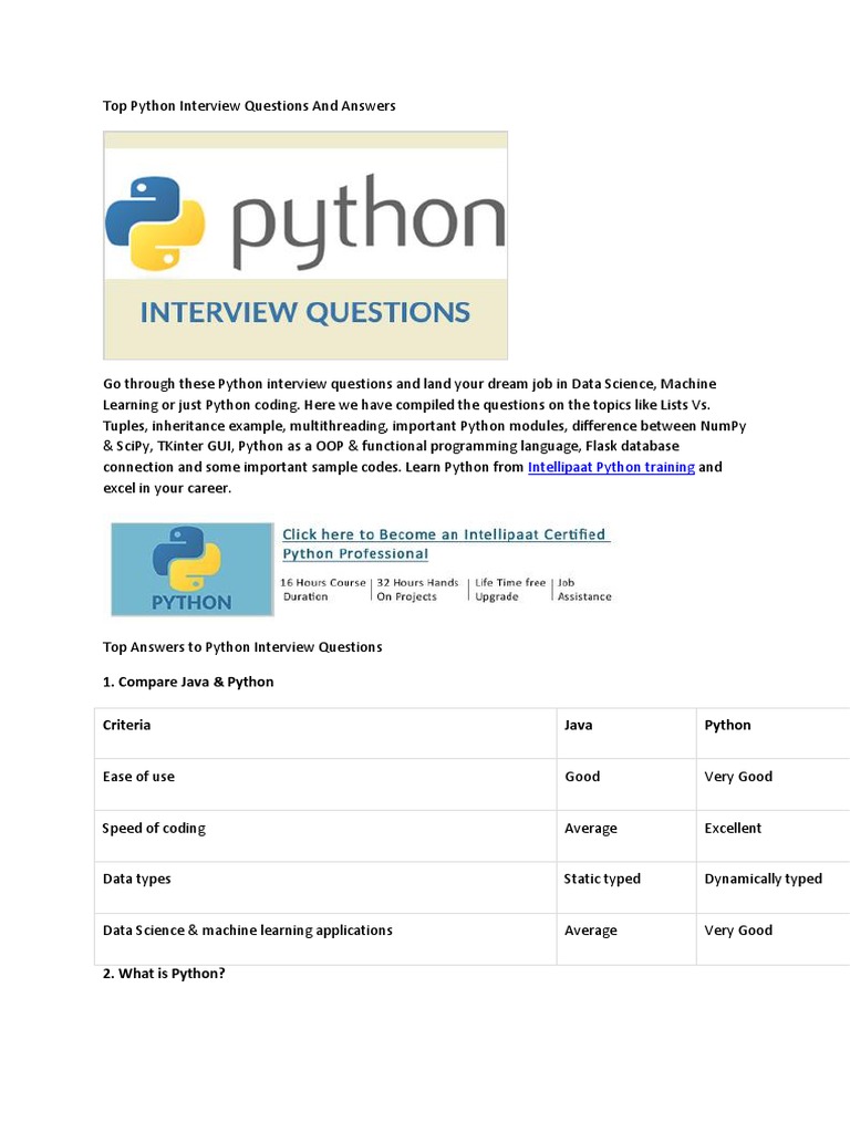 Top Python Interview Questions and Answers | PDF | Python (Programming ...