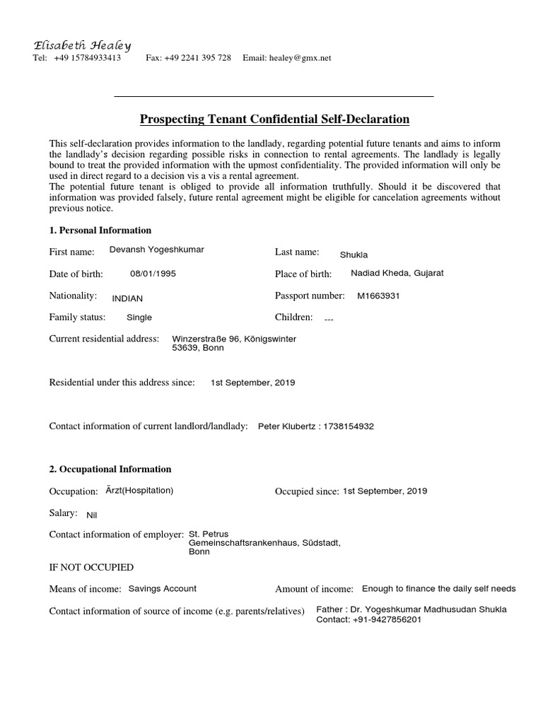 Tenant Self-Declaration Form Germany | PDF | Landlord | Renting