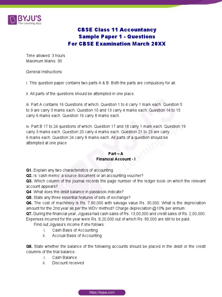 Class 11 Accountancy Sample Paper | PDF | Debits And Credits | Cheque