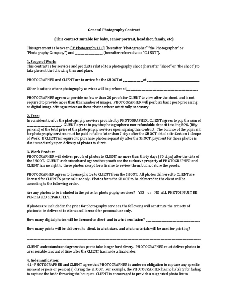 Family Photography Contract Indemnity Arbitration