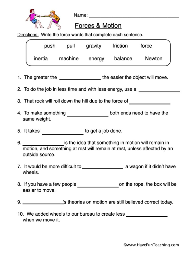 Forces Motion Worksheet PDF  PDF In Force And Motion Worksheet Answers