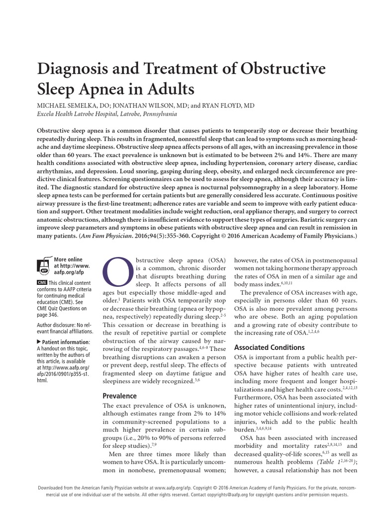 Diagnosis and Treatment of Obstructive Sleep Apnea in Adults PDF | PDF ...