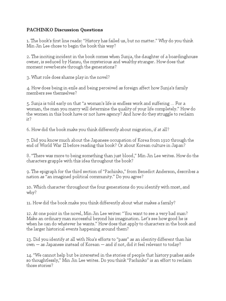Pachinko: Discussion Questions Guide | PDF | General Fiction