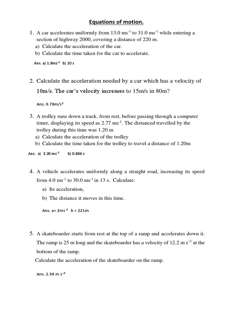 Equations of Motion Practice Problems | PDF