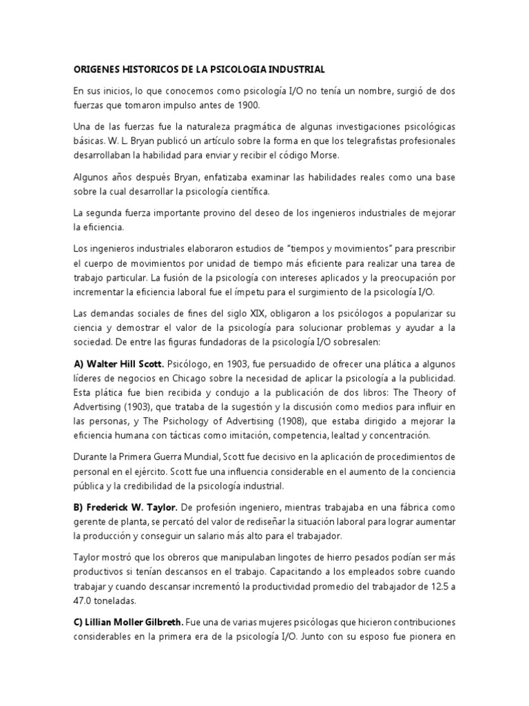 Origenes Historicos de La Psicologia Industrial PDF Psicología industrial y organizacional