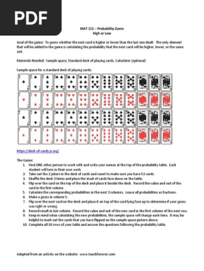 High Low Probability Game Playing Cards Probability