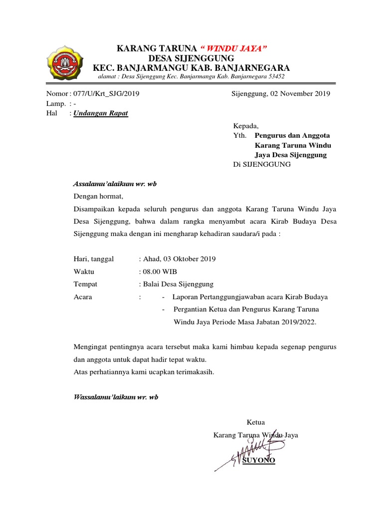 Contoh Surat Undangan Rapat Karang Taruna Resmi Download File Doc